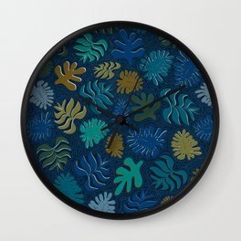 Moody Hawaii Quilted: Deep blues, with quilted water lines Wall Clock | Digital, Shesheddecor, Tropicalbreeze, Tropicalleaves, Waterwaves, Leaves, Islandfloral, Hawaiianquilting, Tossedfloral, Summertime 