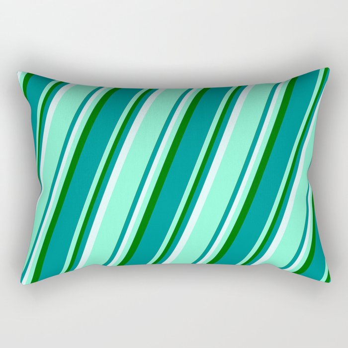 Dark Green, Dark Cyan, Light Cyan, and Aquamarine Colored Lined Pattern Rectangular Pillow