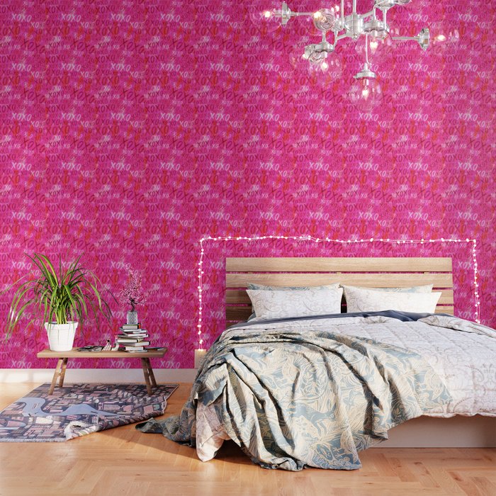 Preppy Room Decor - XOXO Watercolor Collage on Pink Wallpaper by ...