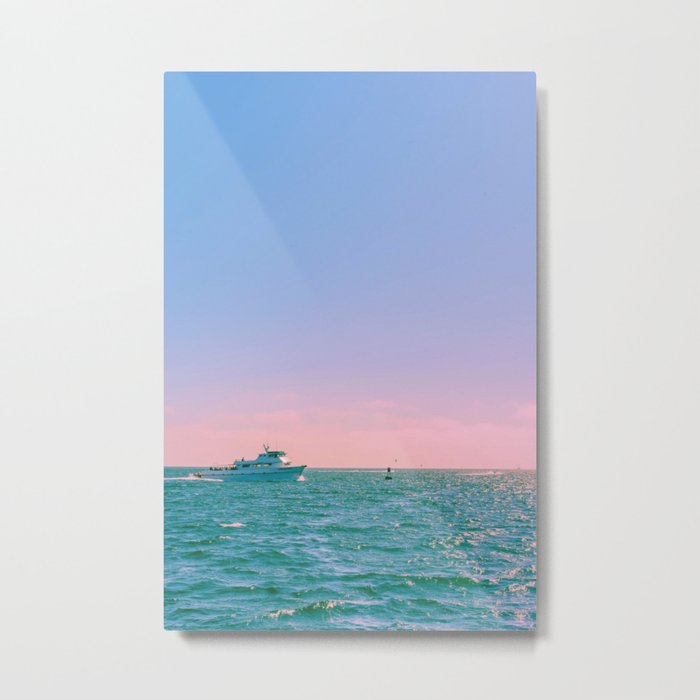 Miami Pink Sunset Ocean, Yacht Sailing, Nautical Metal Print