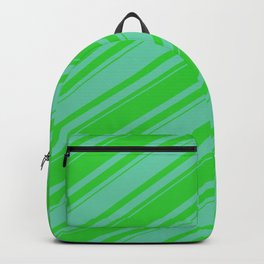 [ Thumbnail: Lime Green & Aquamarine Colored Stripes Pattern Backpack ]