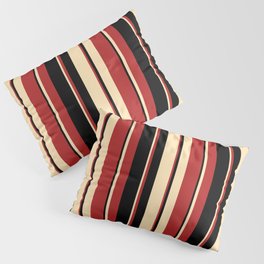 [ Thumbnail: Beige, Red, and Black Colored Striped Pattern Pillow Sham ]
