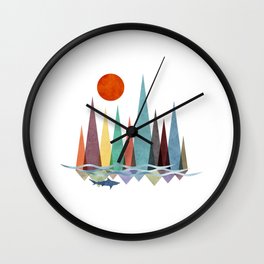 Minimal landscape design with colorful mountains and a shark swimming at sunset Wall Clock
