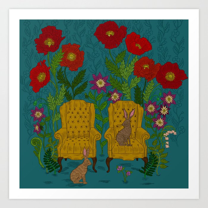 Rabbits in Chairs Art Print