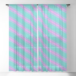 [ Thumbnail: Turquoise & Violet Colored Lined/Striped Pattern Sheer Curtain ]