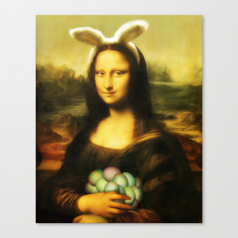 Easter Mona Lisa With Bunny Ears And Colored Eggs Canvas Print By