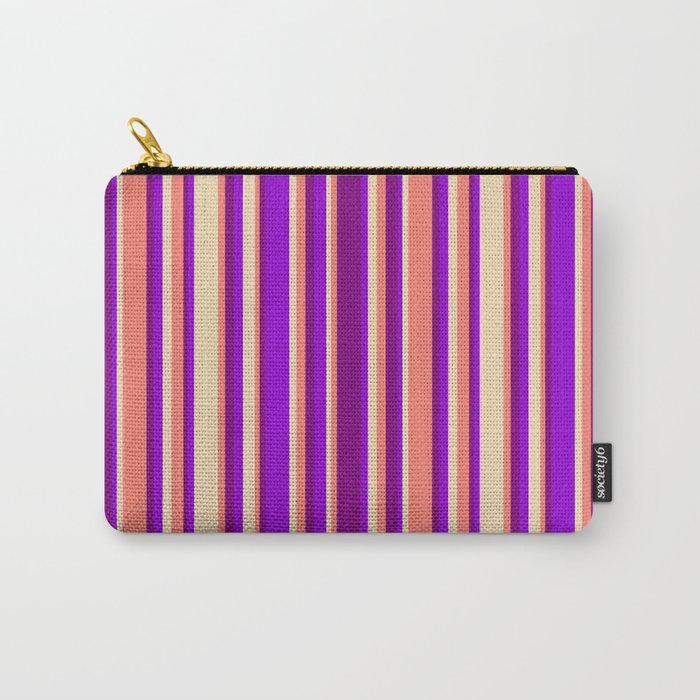 Tan, Dark Violet, Purple, and Salmon Colored Striped Pattern Carry-All Pouch