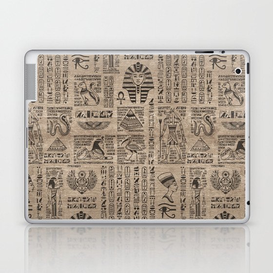Egyptian hieroglyphs and symbols on wood Laptop & iPad Skin