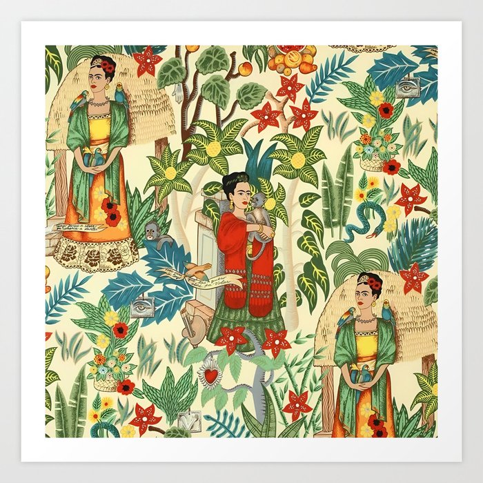 Frida's Coyoacán Mexican Garden of Casa Azul Lush Tropical  floral painting Art Print