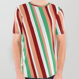 [ Thumbnail: Sea Green, White, Dark Red & Light Salmon Colored Lines/Stripes Pattern All Over Graphic Tee ]