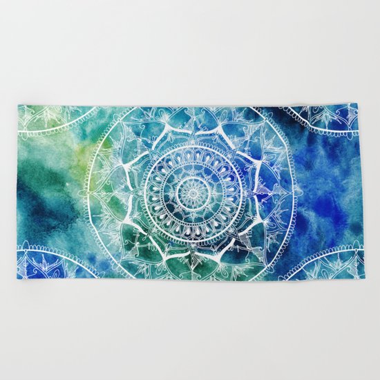 White Circle Mandala on Blue Watercolour Beach Towel