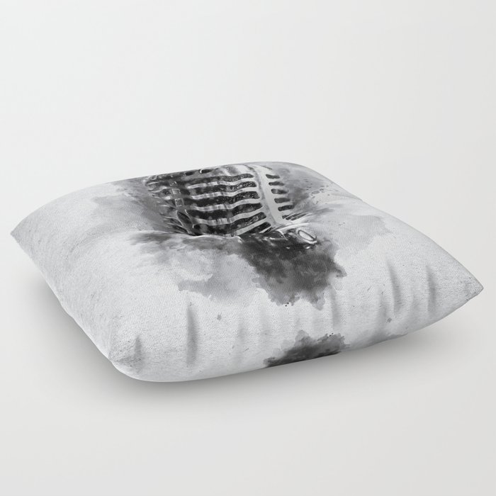 Classic Vintage Chrome Microphone in Black and White Watercolor Floor Pillow