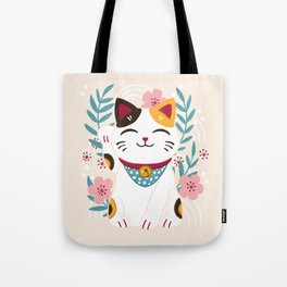Japanese Lucky Cat with Cherry Blossoms Tote Bag