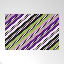 [ Thumbnail: Green, Plum, Indigo, White & Black Colored Lines/Stripes Pattern Welcome Mat ]
