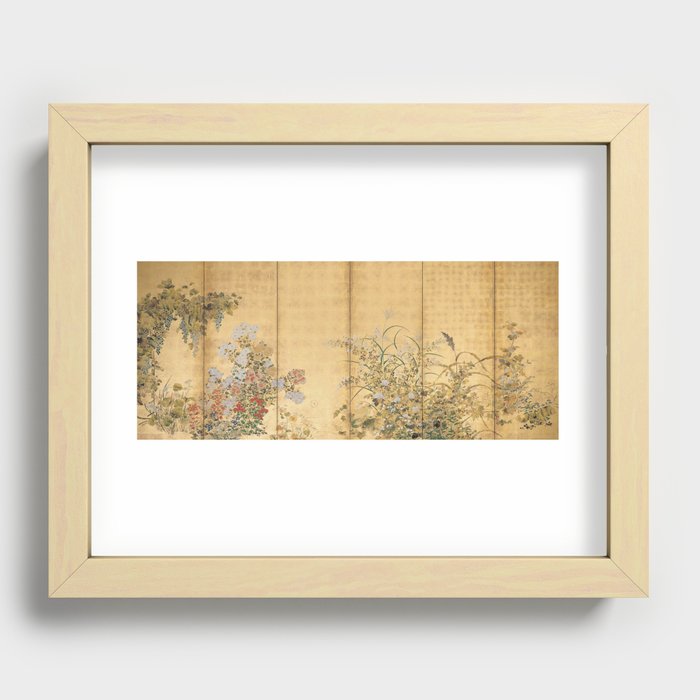 Japanese Edo Period Six-Panel Gold Leaf Screen - Spring and Autumn Flowers Recessed Framed Print
