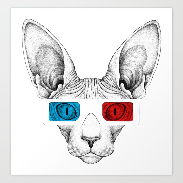 Sphynx Cat Wears 3d Glasses Art Print By Starvingmonkey Society6