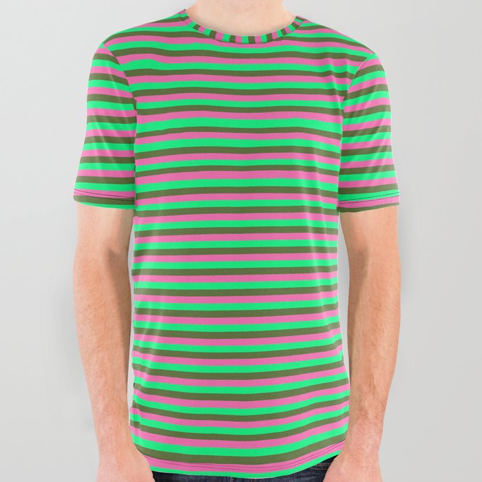 Hot Pink, Green, and Dark Olive Green Colored Striped Pattern All Over Graphic Tee