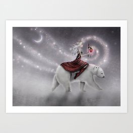 The Journey Mystical Maiden Riding Polar Bear Fantasy Art by Molly Harrison Art Print | Digital, Mystical, Art, Snow, Mollyharrison, Bears, Polarbear, Solstice, Maiden, Winter 