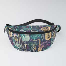 Music to my eyes // oxford navy blue background gold textured musical instruments green indoor plants pink music notes Fanny Pack