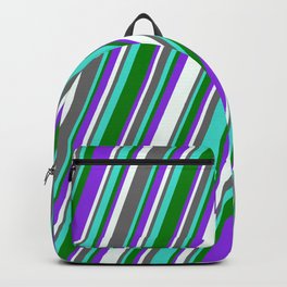 [ Thumbnail: Dim Grey, Turquoise, Green, Purple & Mint Cream Colored Lined Pattern Backpack ]