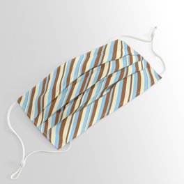 [ Thumbnail: Light Yellow, Light Sky Blue & Brown Colored Pattern of Stripes Face Mask ]