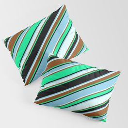 [ Thumbnail: Vibrant Green, Black, Sky Blue, Light Cyan & Brown Colored Lined/Striped Pattern Pillow Sham ]