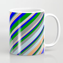 [ Thumbnail: Colorful Blue, Green, Grey, Light Blue, and Brown Colored Stripes Pattern Coffee Mug ]