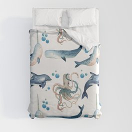 Marine Species Pattern Duvet Cover | Whale, Squid, Underwater, Squiddesign, Fish, Design, Graphicdesign, Tentacle, Whales, Whalespattern 