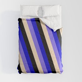 [ Thumbnail: Blue, Medium Slate Blue, Bisque & Black Colored Stripes Pattern Comforter ]