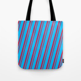 [ Thumbnail: Deep Sky Blue and Crimson Colored Lines/Stripes Pattern Tote Bag ]