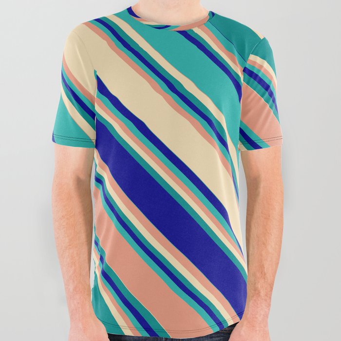 Vibrant Dark Salmon, Tan, Dark Cyan, Dark Blue, and Light Sea Green Colored Striped/Lined Pattern All Over Graphic Tee