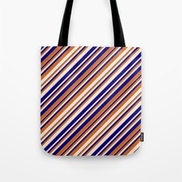 [ Thumbnail: Blue, Chocolate, and Beige Colored Lines/Stripes Pattern Tote Bag ]
