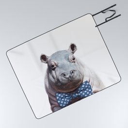 Baby Hippo With Blue Bowtie, Baby Boy Nursery, Baby Animals Art Print by Synplus Picnic Blanket