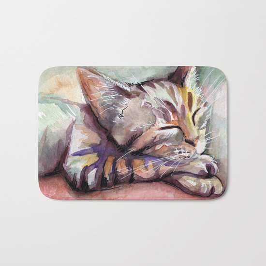Sleeping Kitten Watercolor Cat Whimsical Cats Bath Mat