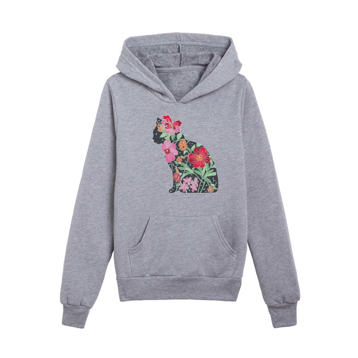 Colorful Flower Cat dark grey on mint with pink, red and orange flowers Kids Pullover Hoodie