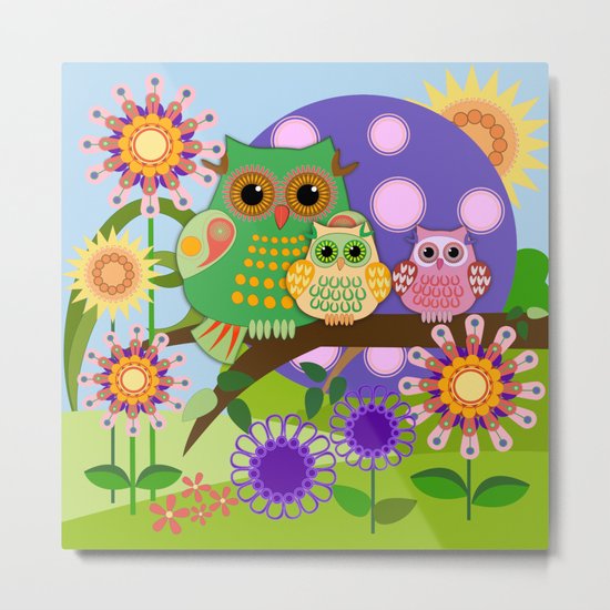Owls, Flowers Fantasy design Metal Print