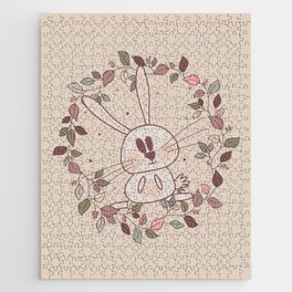 Adorable rabbits with autumn leaves and berries in pink colors Jigsaw Puzzle