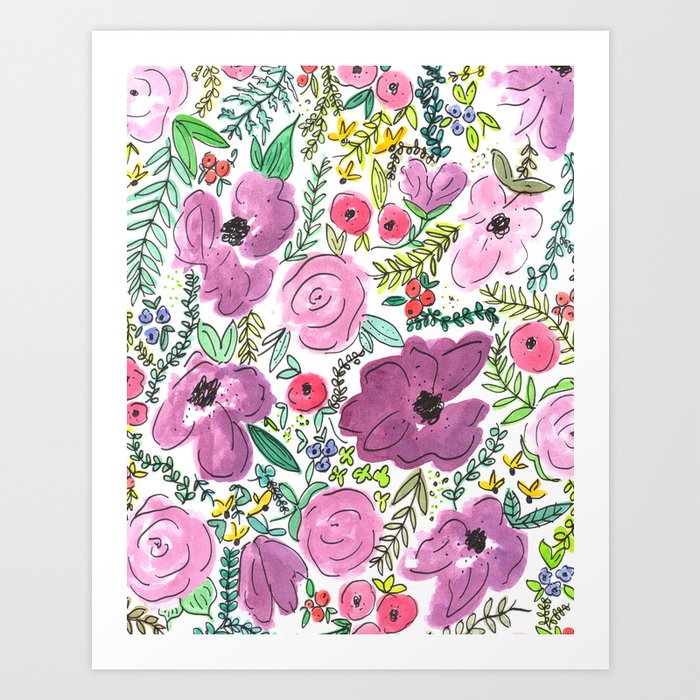 Purple Floral Design - Watercolor Painting  Art Print