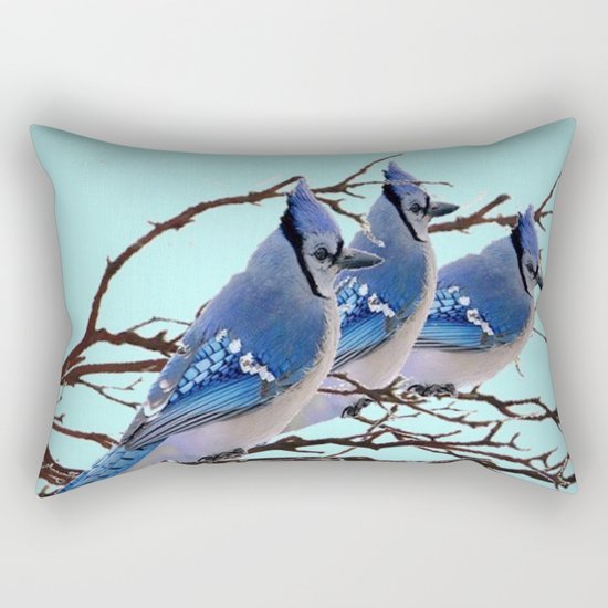 THREE AMERICAN BLUE JAYS ART WINTER ART Rectangular Pillow