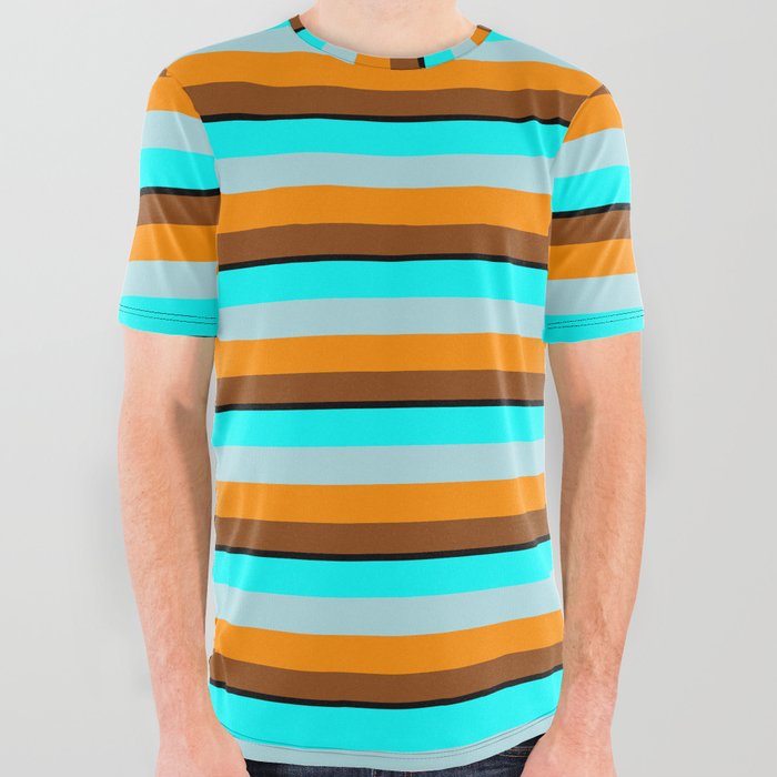 Eyecatching Cyan, Powder Blue, Dark Orange, Brown, and Black Colored Striped Pattern All Over Graphic Tee