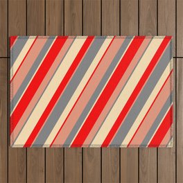 [ Thumbnail: Red, Dark Salmon, Grey, and Beige Colored Stripes/Lines Pattern Outdoor Rug ]