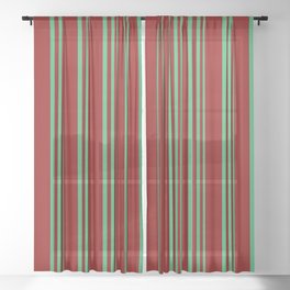 [ Thumbnail: Sea Green & Dark Red Colored Stripes/Lines Pattern Sheer Curtain ]