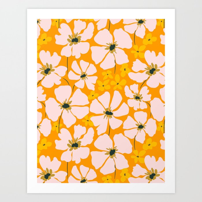 Sunny Yellow Matisse Style Abstract Retro Flowers Art Print