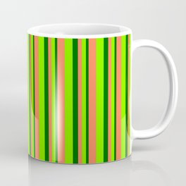 [ Thumbnail: Dark Green, Chartreuse & Coral Colored Lined/Striped Pattern Coffee Mug ]
