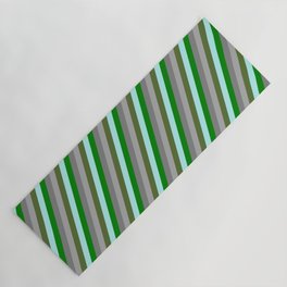 [ Thumbnail: Eye-catching Turquoise, Green, Grey, Dark Grey, and Dark Olive Green Colored Striped Pattern Yoga Mat ]