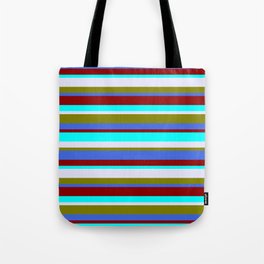 [ Thumbnail: Colorful Green, Royal Blue, Dark Red, Cyan & Lavender Colored Lined Pattern Tote Bag ]