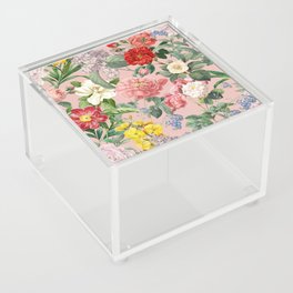 Lush Summer Garden - Vintage Botanical Illustration Collage on Pink Hibiscus color Acrylic Box
