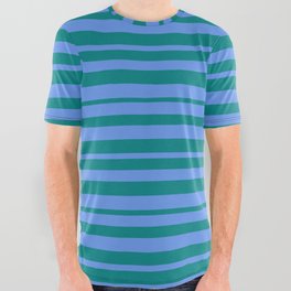 [ Thumbnail: Cornflower Blue and Teal Colored Striped/Lined Pattern All Over Graphic Tee ]