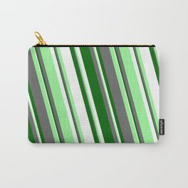 [ Thumbnail: White, Green, Dim Gray, and Dark Green Colored Lines Pattern Carry-All Pouch ]