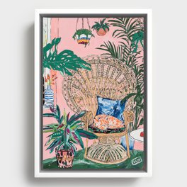 Ginger Cat in Peacock Chair with Indoor Jungle of House Plants Interior Painting Framed Canvas